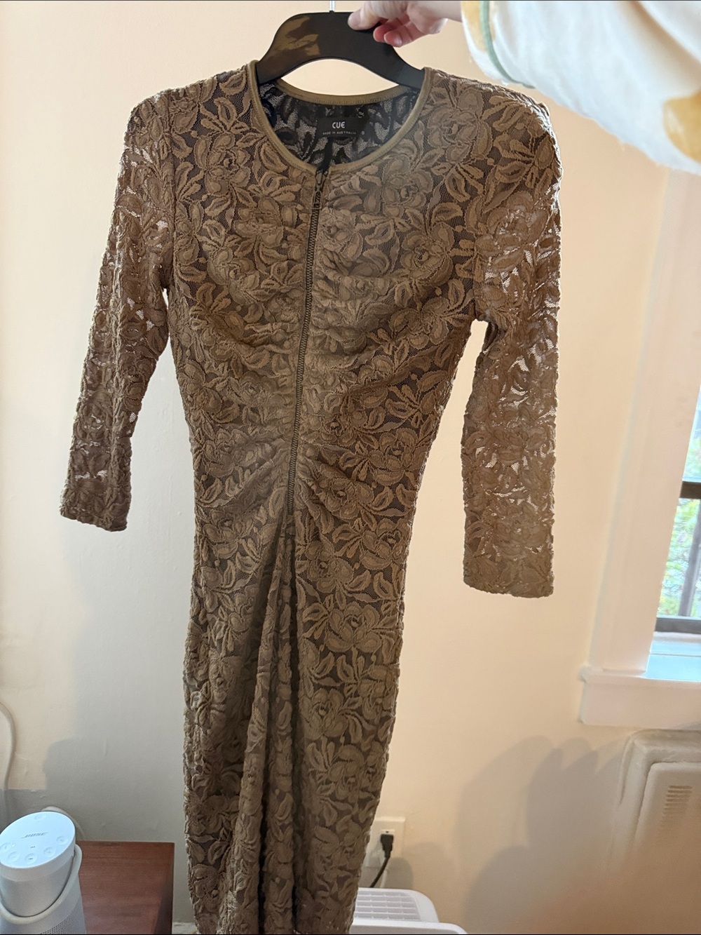 CUE Olive Floral Lace Long Sleeve Sheath Dress